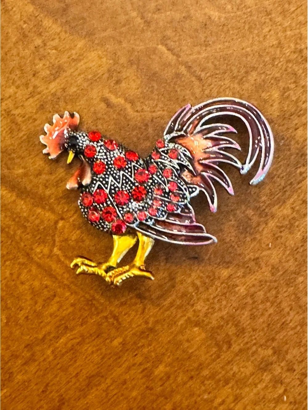 Rooster Brooch with Red and Yellow Enamel and Rhinestones 514
